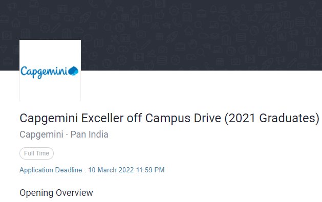 Capgemini Exceller Off Campus Recruitment Drive 2022
