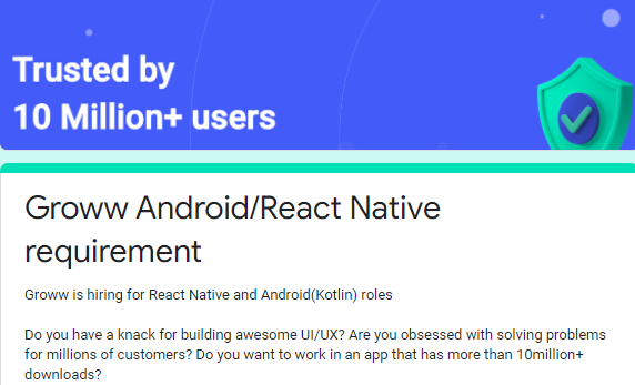 Groww hiring freshers as Android-React Native requirement