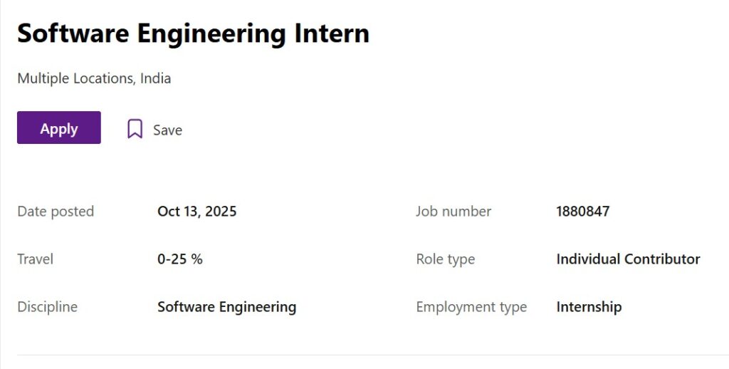 Microsoft Fresher Hiring for the role of Software Engineering Intern